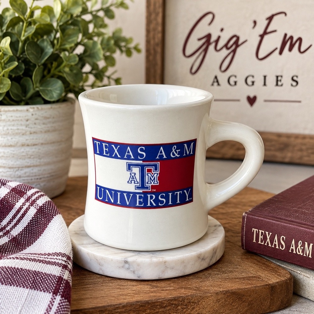 Vintage Texas A&M University Aggies Ceramic Diner Mug Red White Blue Collegiate